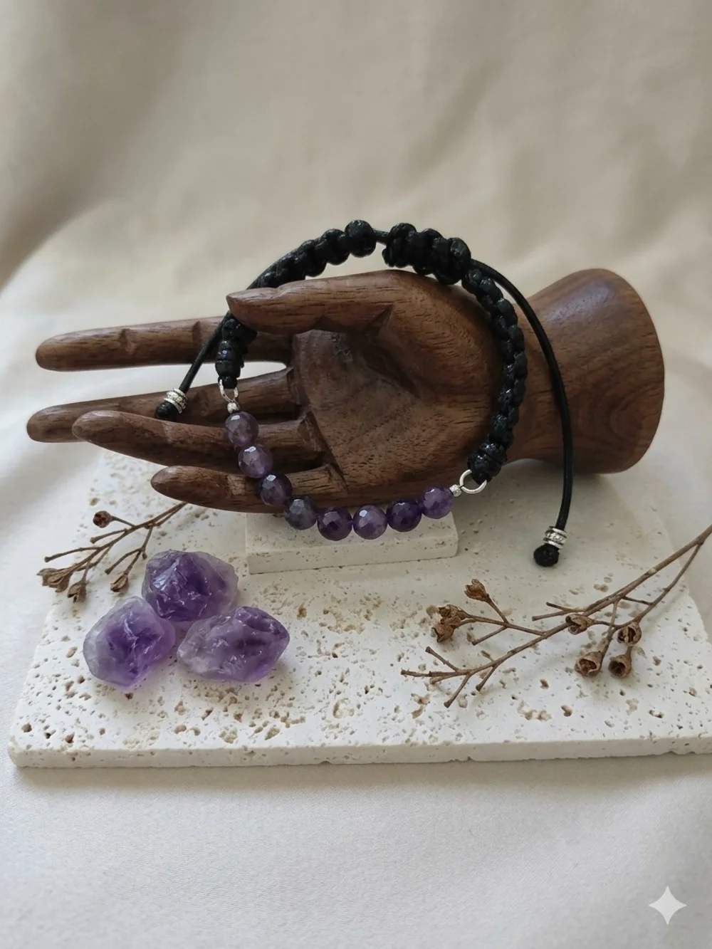 Black Macrame Bracelet with Amethyst Beads